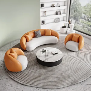 Ghita Leather Orange&White Sofa with 2 Round Chairs